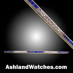 Streamline Art Deco Diamond & Blue Sapphire Knife Edge Bar Brooch in 22K Yellow Gold